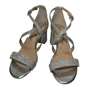 Nina Women's Silver‎ Glitter Block Heel Sandals Sparkle Ankle Strap Shoes 7W